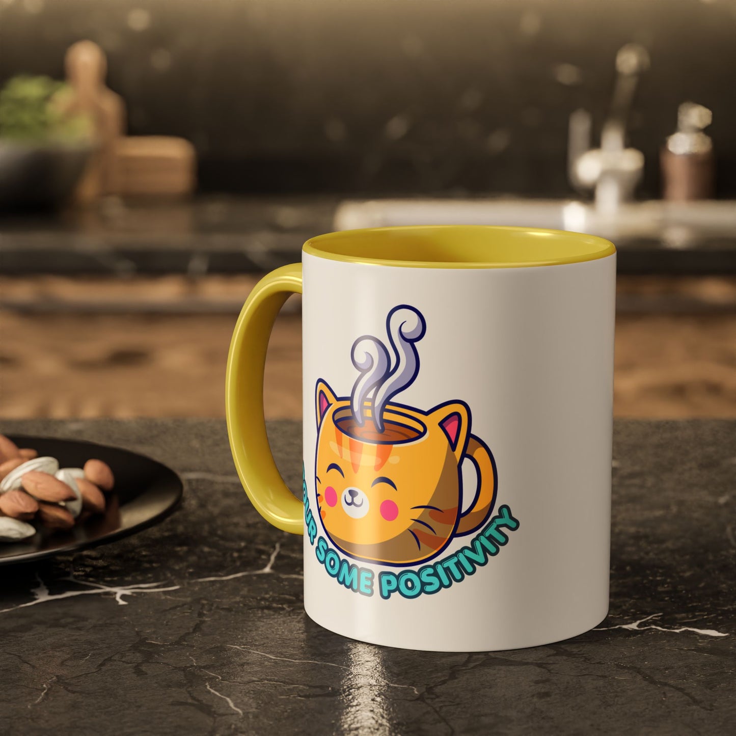 Cute Cat Coffee Mug – "Pour Some Positivity" Kawaii Ceramic Mug | Gift for Cat Lovers | 11oz