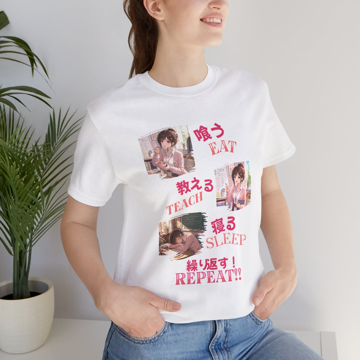 Teacher Anime Graphic Tee — Eat, Teach, Sleep, Repeat | Kawaii Japanese Style T-Shirt"