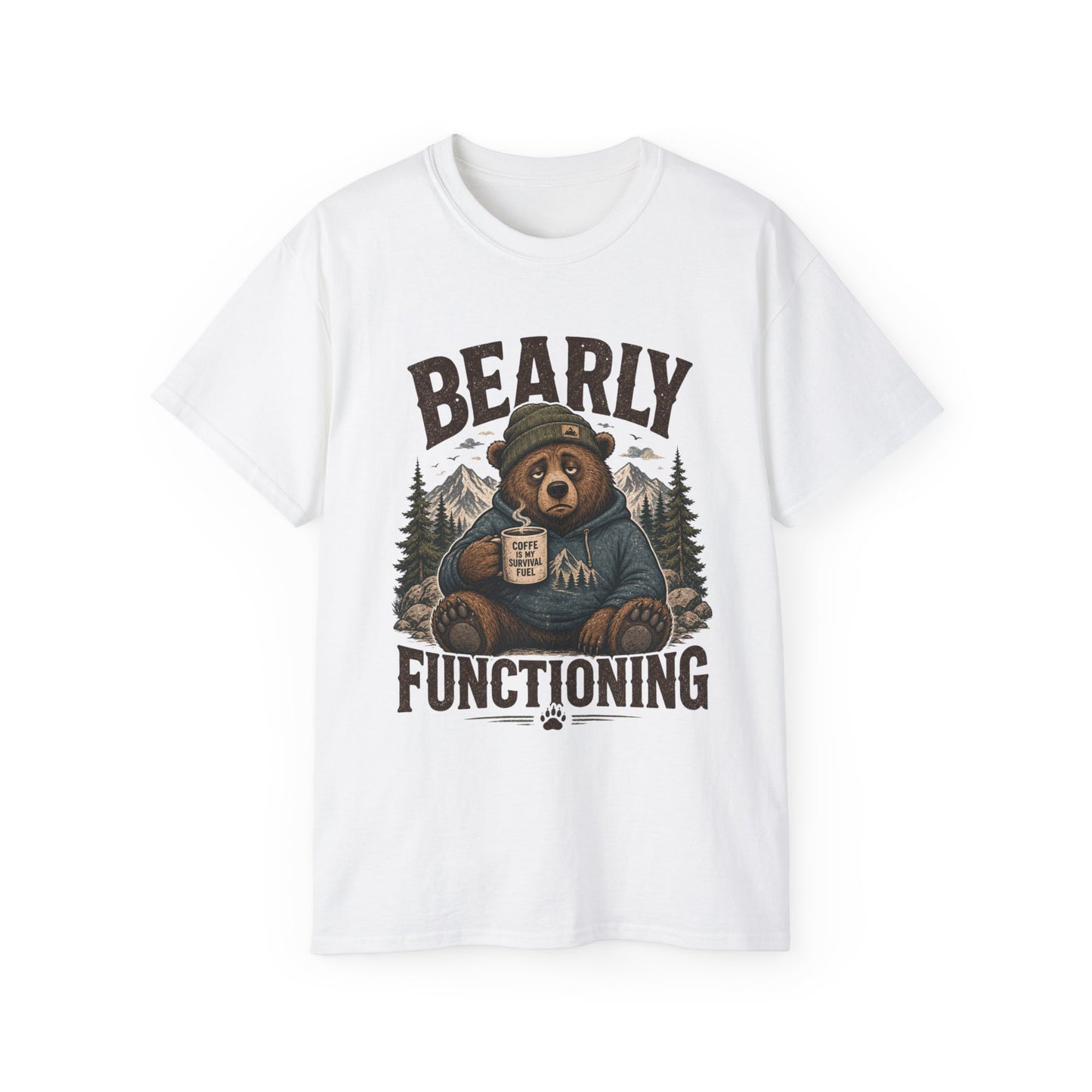 Bearly Functioning Shirt – Funny Bear Coffee T-Shirt | Vintage Camping Graphic Tee for Coffee Lovers