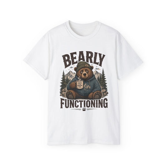 Bearly Functioning Shirt – Funny Bear Coffee T-Shirt | Vintage Camping Graphic Tee for Coffee Lovers
