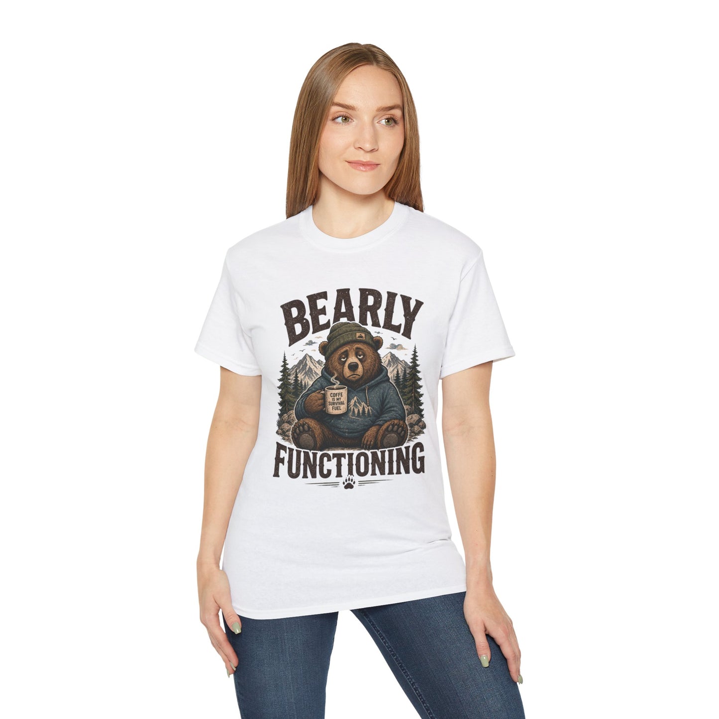 Bearly Functioning Shirt – Funny Bear Coffee T-Shirt | Vintage Camping Graphic Tee for Coffee Lovers