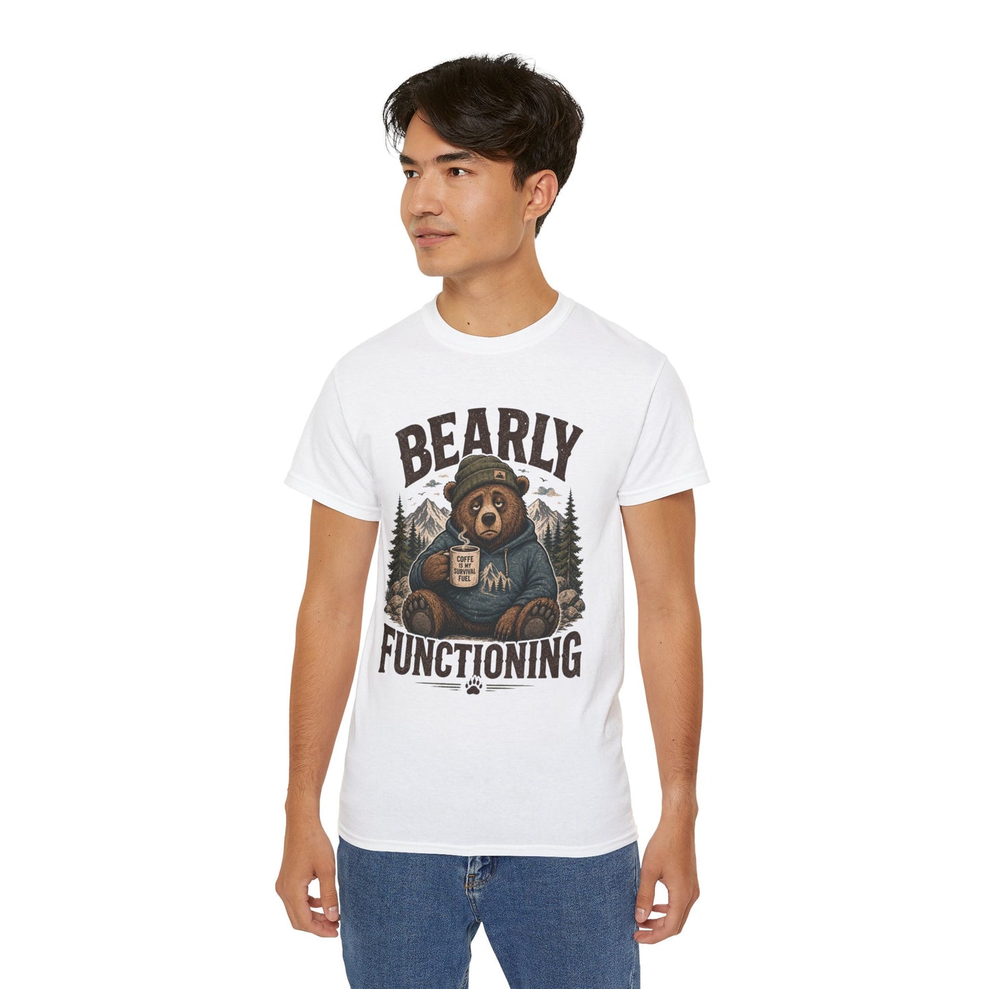 Bearly Functioning Shirt – Funny Bear Coffee T-Shirt | Vintage Camping Graphic Tee for Coffee Lovers