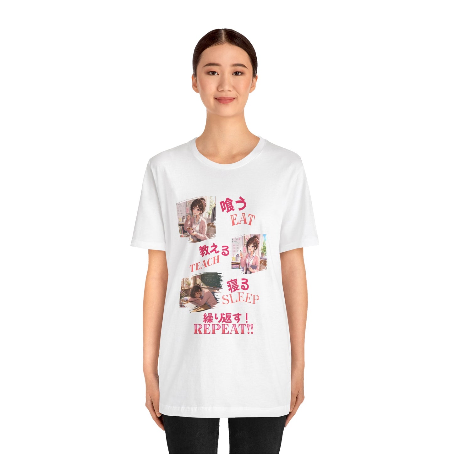 Teacher Anime Graphic Tee — Eat, Teach, Sleep, Repeat | Kawaii Japanese Style T-Shirt"