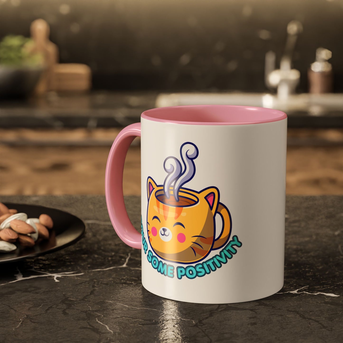 Cute Cat Coffee Mug – "Pour Some Positivity" Kawaii Ceramic Mug | Gift for Cat Lovers | 11oz