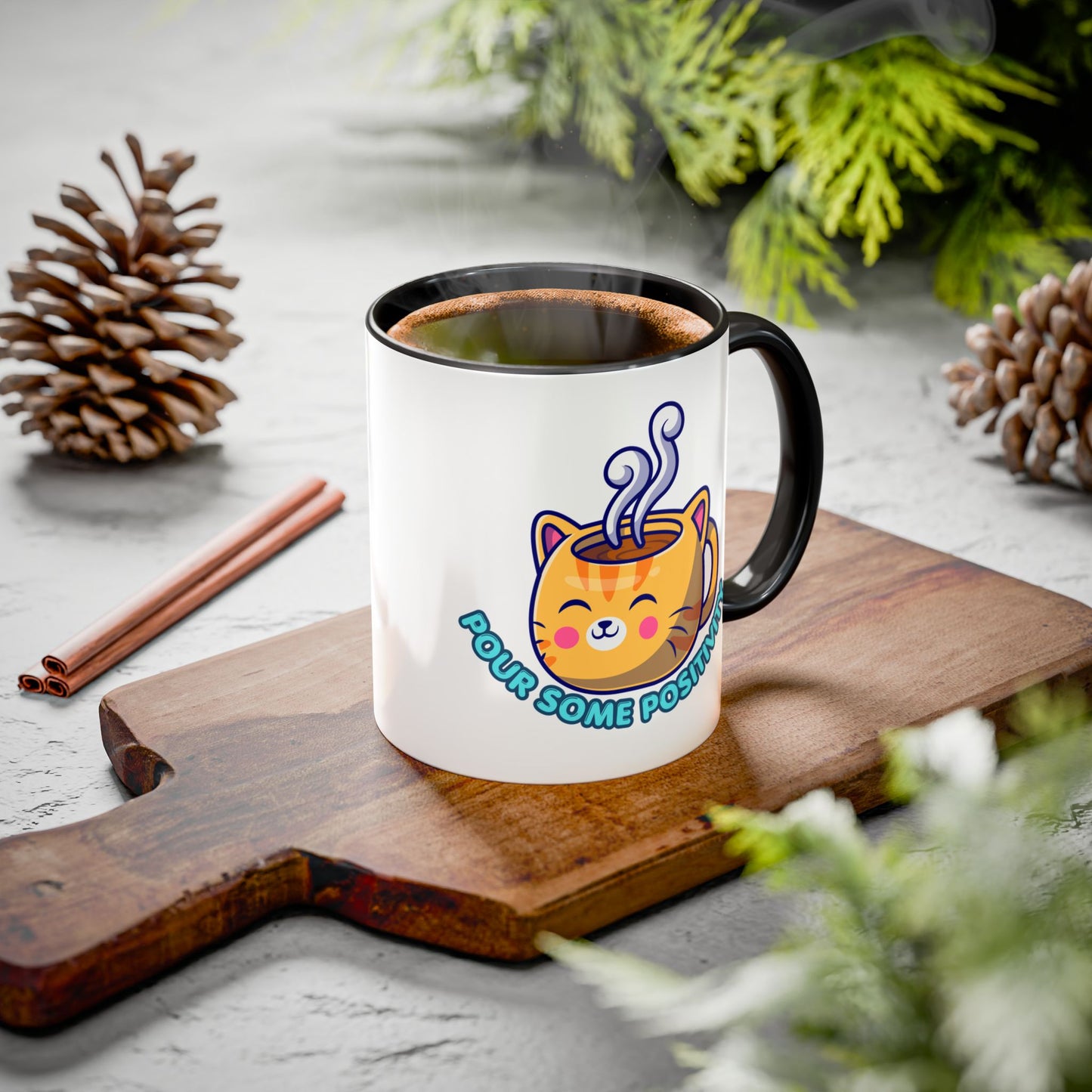 Cute Cat Coffee Mug – "Pour Some Positivity" Kawaii Ceramic Mug | Gift for Cat Lovers | 11oz