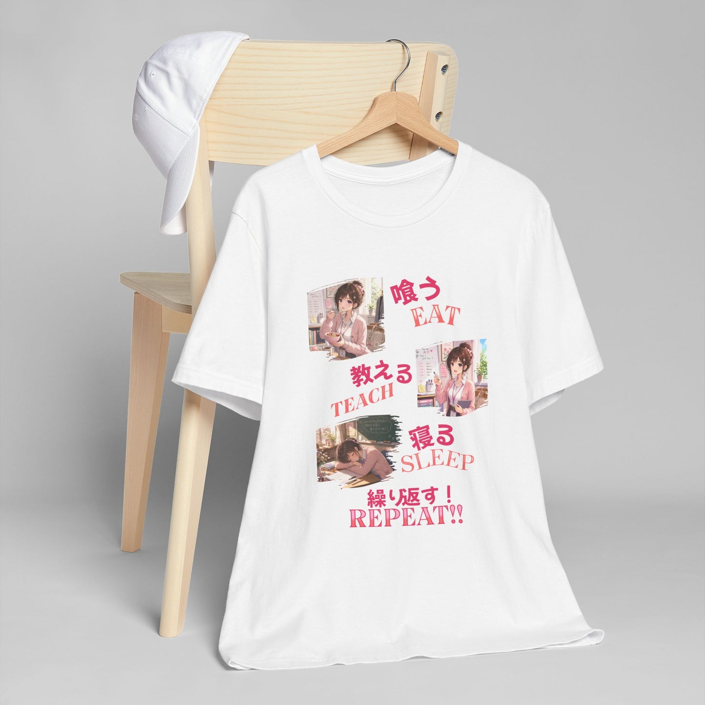 Teacher Anime Graphic Tee — Eat, Teach, Sleep, Repeat | Kawaii Japanese Style T-Shirt"