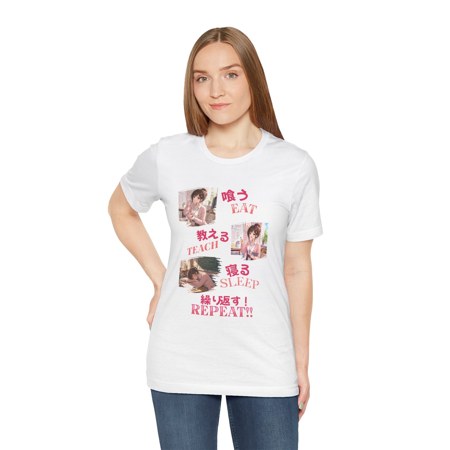 Teacher Anime Graphic Tee — Eat, Teach, Sleep, Repeat | Kawaii Japanese Style T-Shirt"