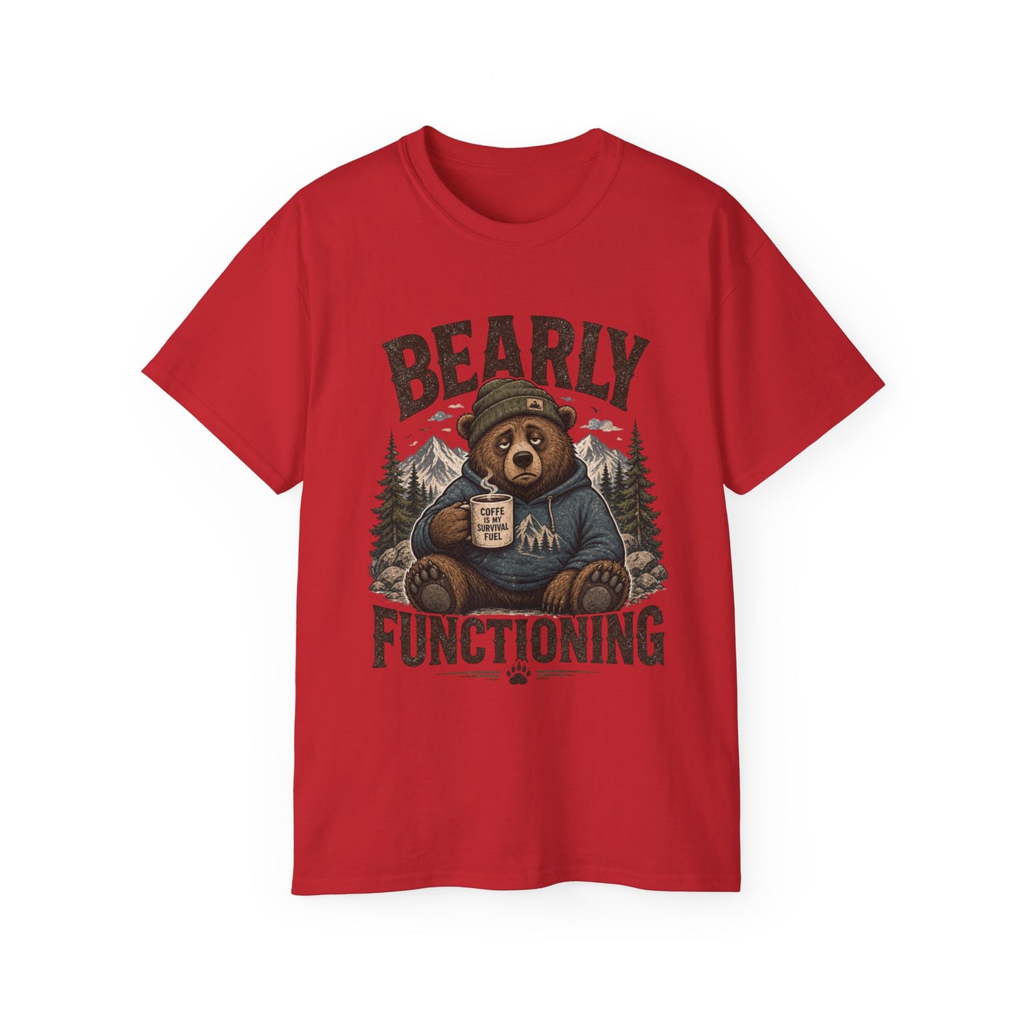 Bearly Functioning Shirt – Funny Bear Coffee T-Shirt | Vintage Camping Graphic Tee for Coffee Lovers