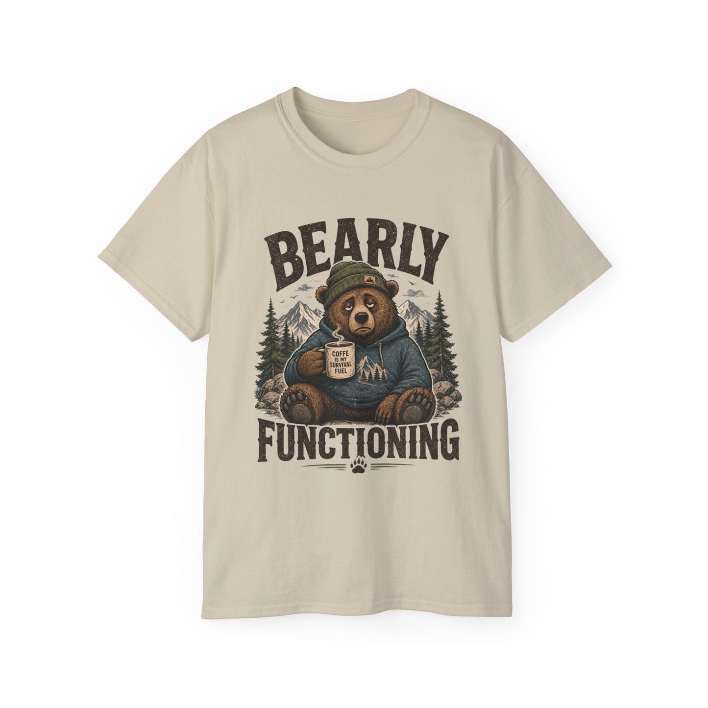 Bearly Functioning Shirt – Funny Bear Coffee T-Shirt | Vintage Camping Graphic Tee for Coffee Lovers