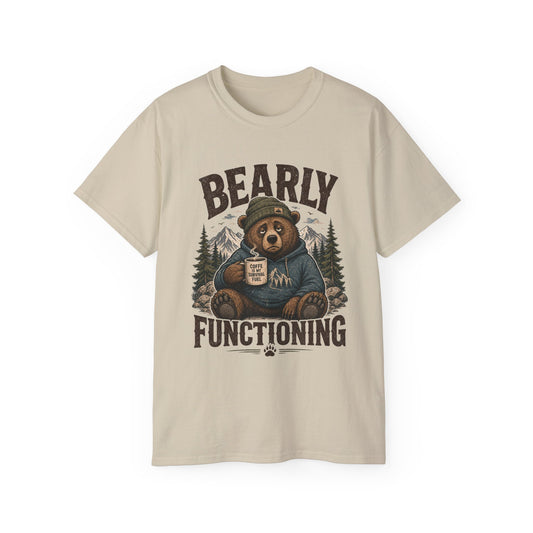 Bearly Functioning Shirt – Funny Bear Coffee T-Shirt | Vintage Camping Graphic Tee for Coffee Lovers