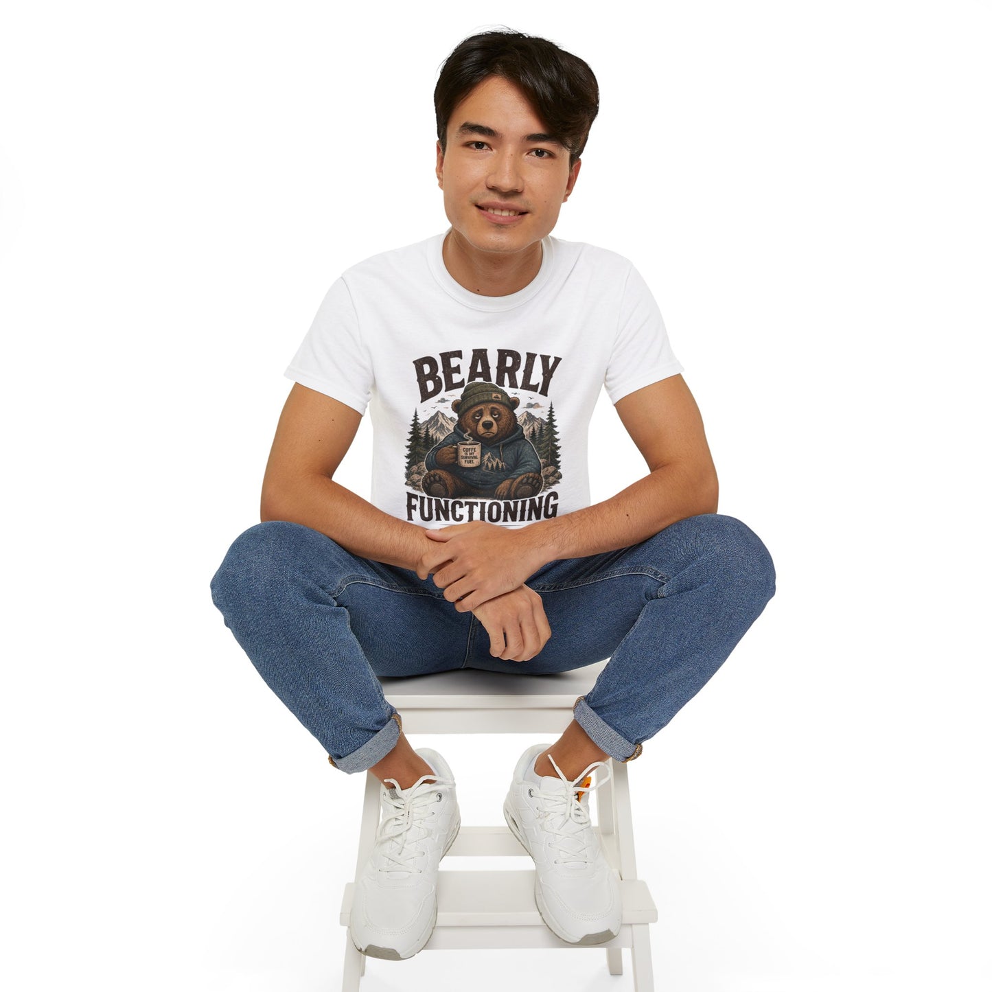 Bearly Functioning Shirt – Funny Bear Coffee T-Shirt | Vintage Camping Graphic Tee for Coffee Lovers