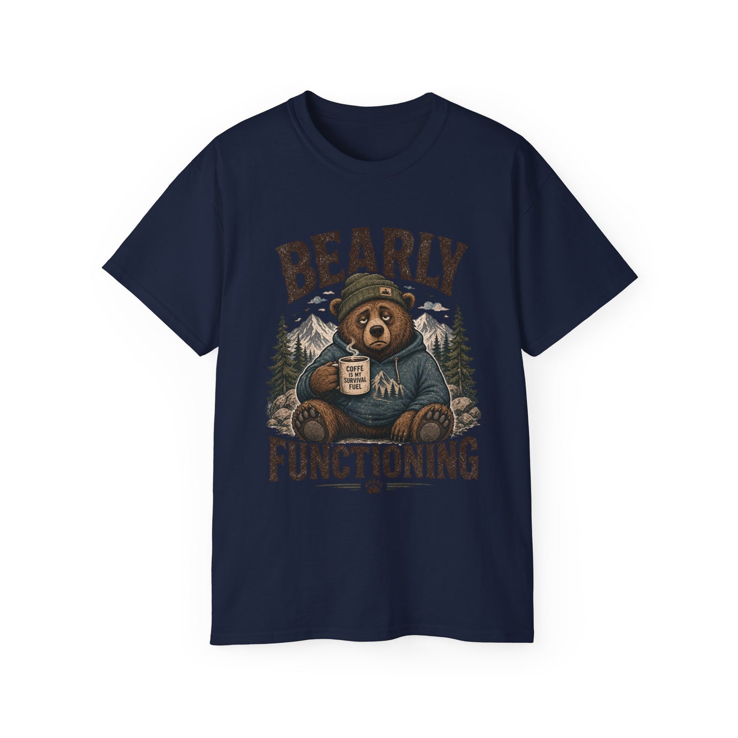 Bearly Functioning Shirt – Funny Bear Coffee T-Shirt | Vintage Camping Graphic Tee for Coffee Lovers