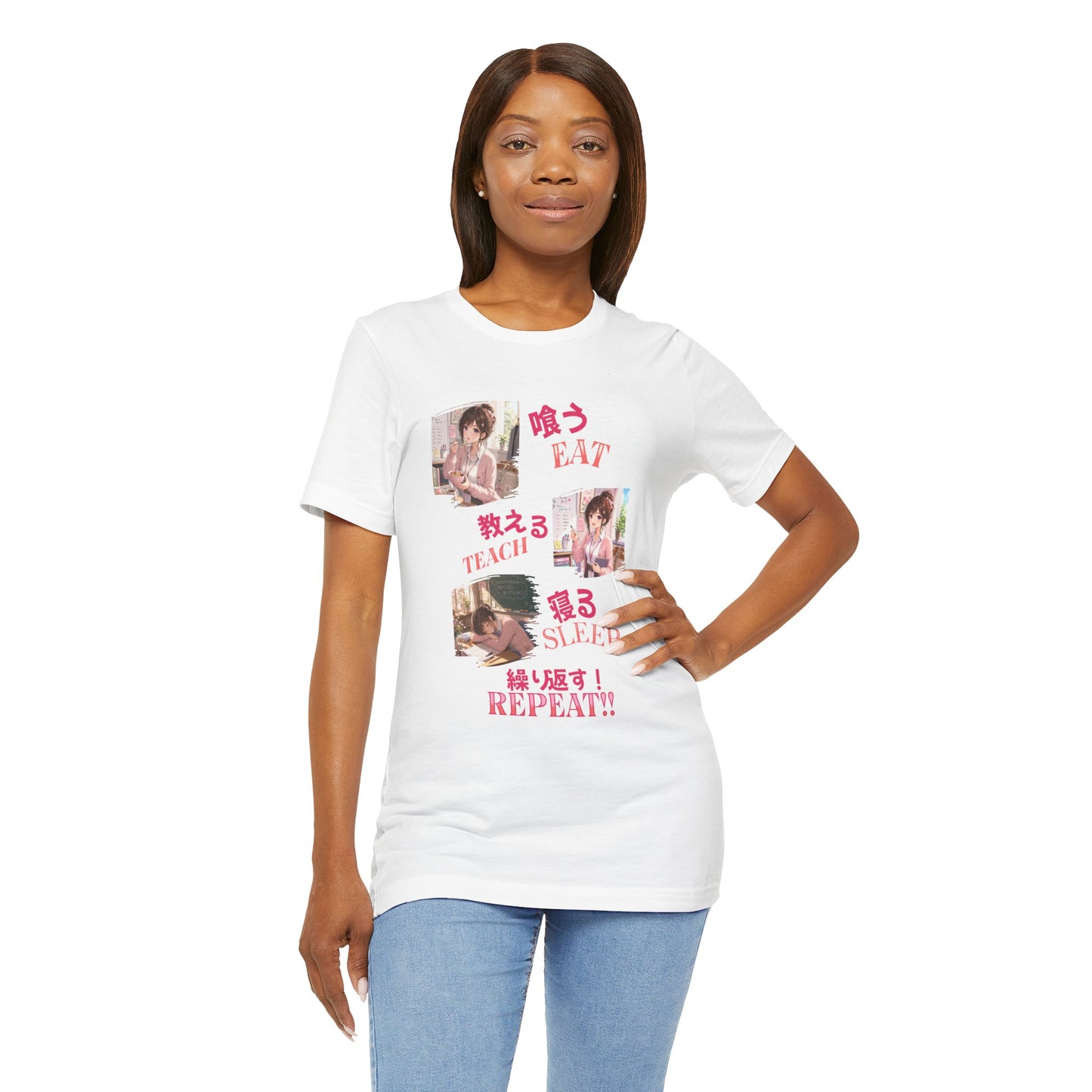 Teacher Anime Graphic Tee — Eat, Teach, Sleep, Repeat | Kawaii Japanese Style T-Shirt"