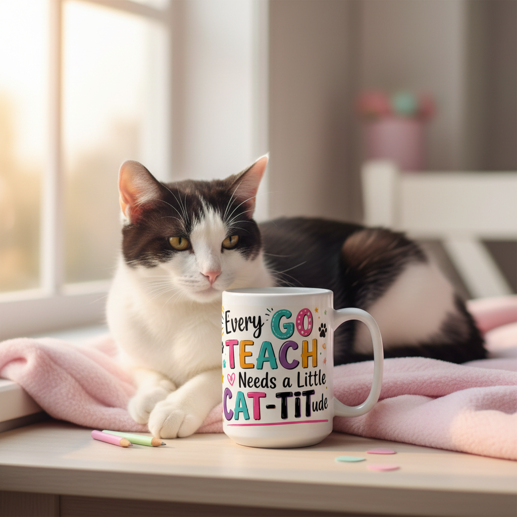 Cat Teacher Mug next to real cat