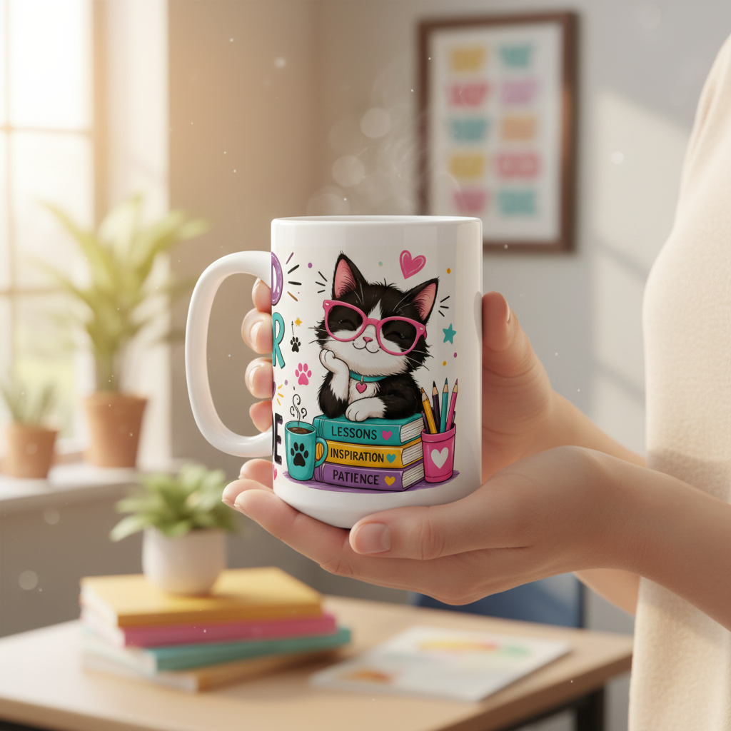 Cat Teacher Mug held in classroom
