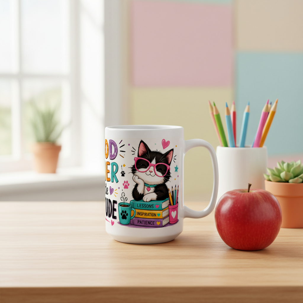 Cat Teacher Mug on teacher desk